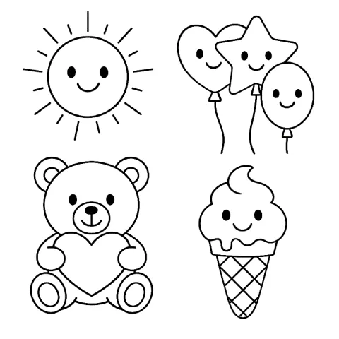 dzień dziecka kolorowanka - słońce, balony, miś, lody